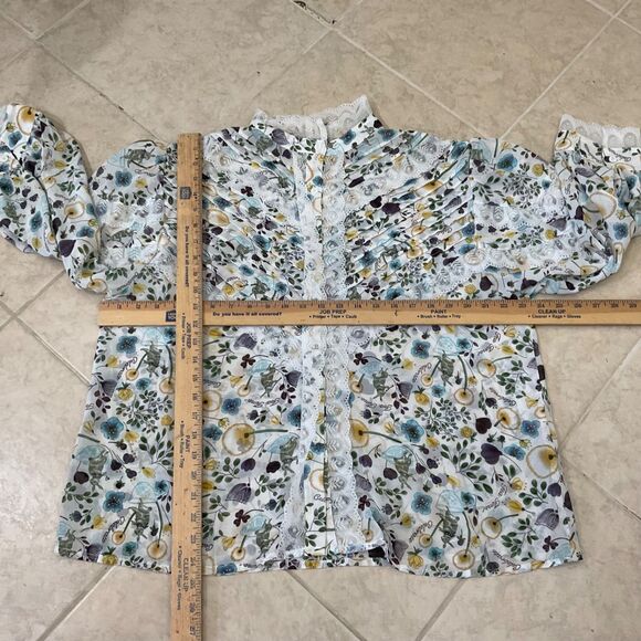 POL Lace detail button up blouse top women size L floral novelty print high neck - Picture 6 of 12
